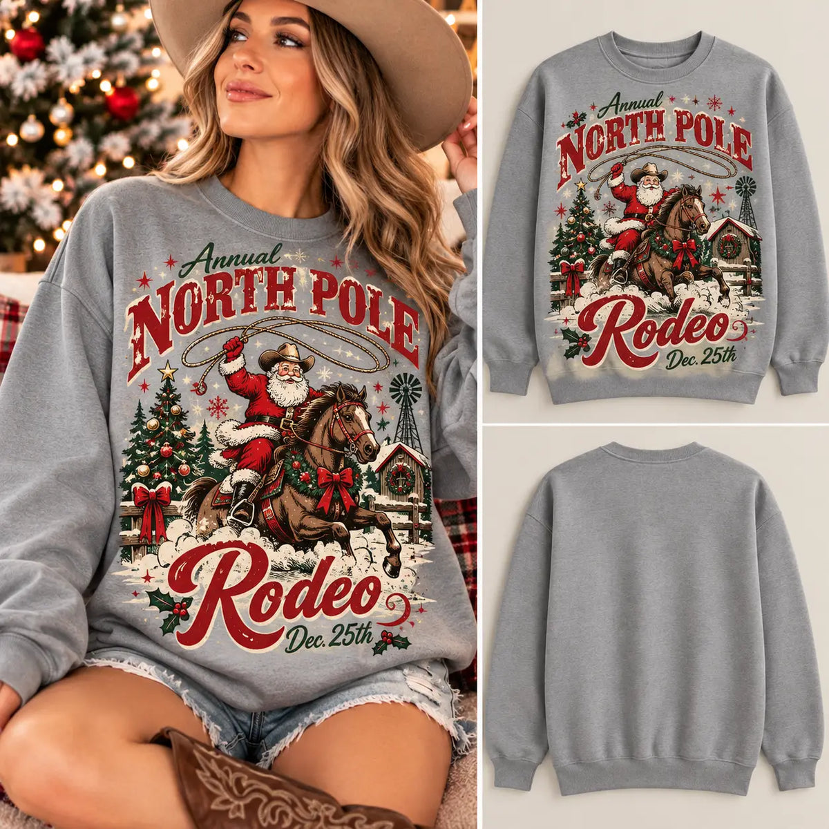 Western Cowboy Santa Riding Horse North Pole Rodeo Grey Sweatshirt