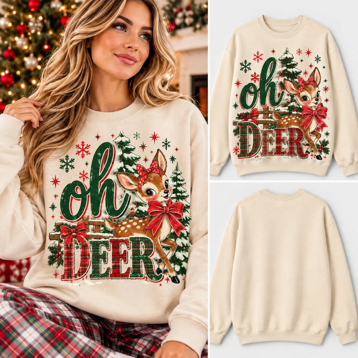 Oh Deer Christmas Tree & Reindeer Sand Graphic Sweatshirt