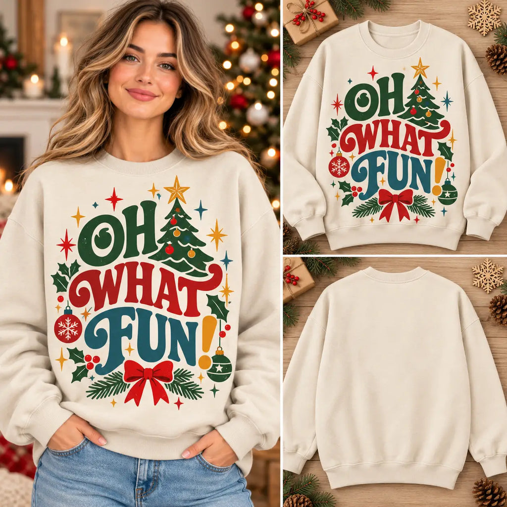 Cute Oh What Fun Christmas Ribbon Bow Graphic Sweatshirt