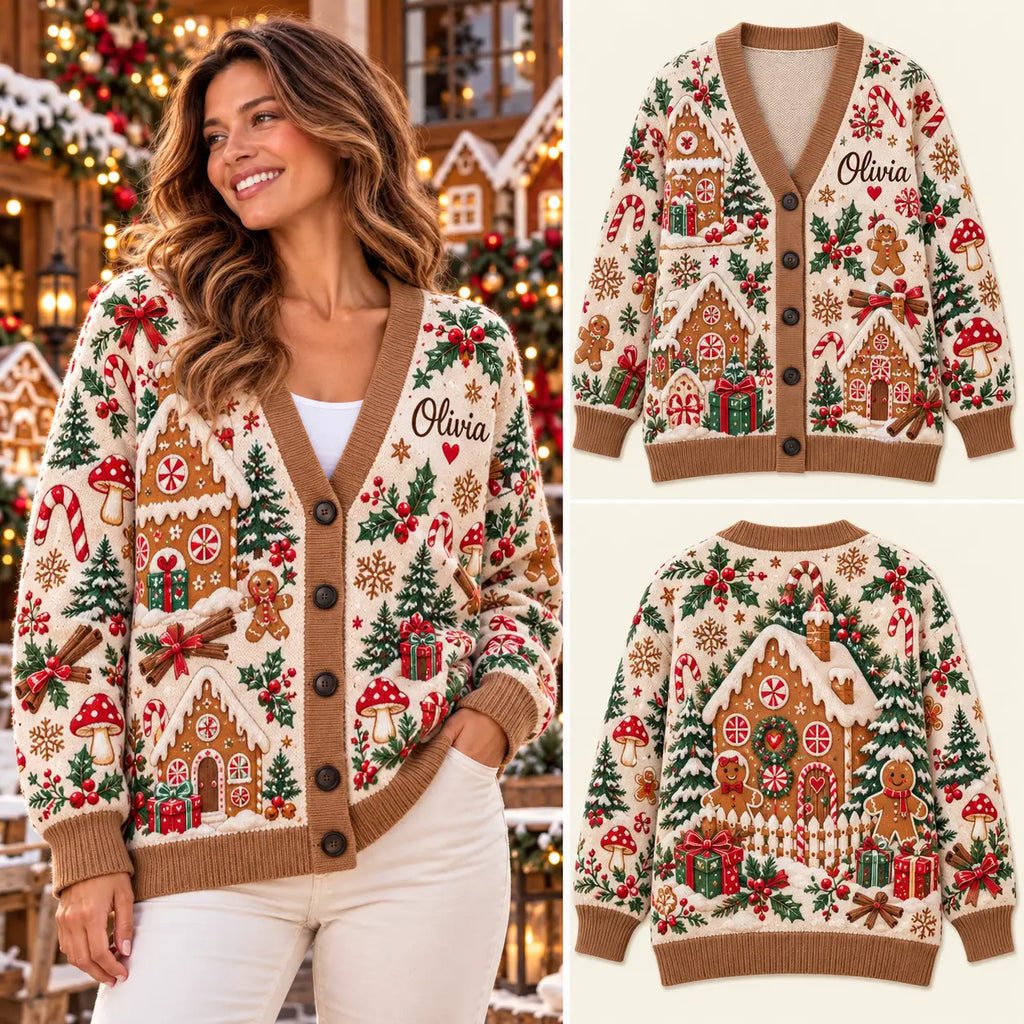 Personalized Christmas Gingerbread House Knitted Cardigan Sweater
