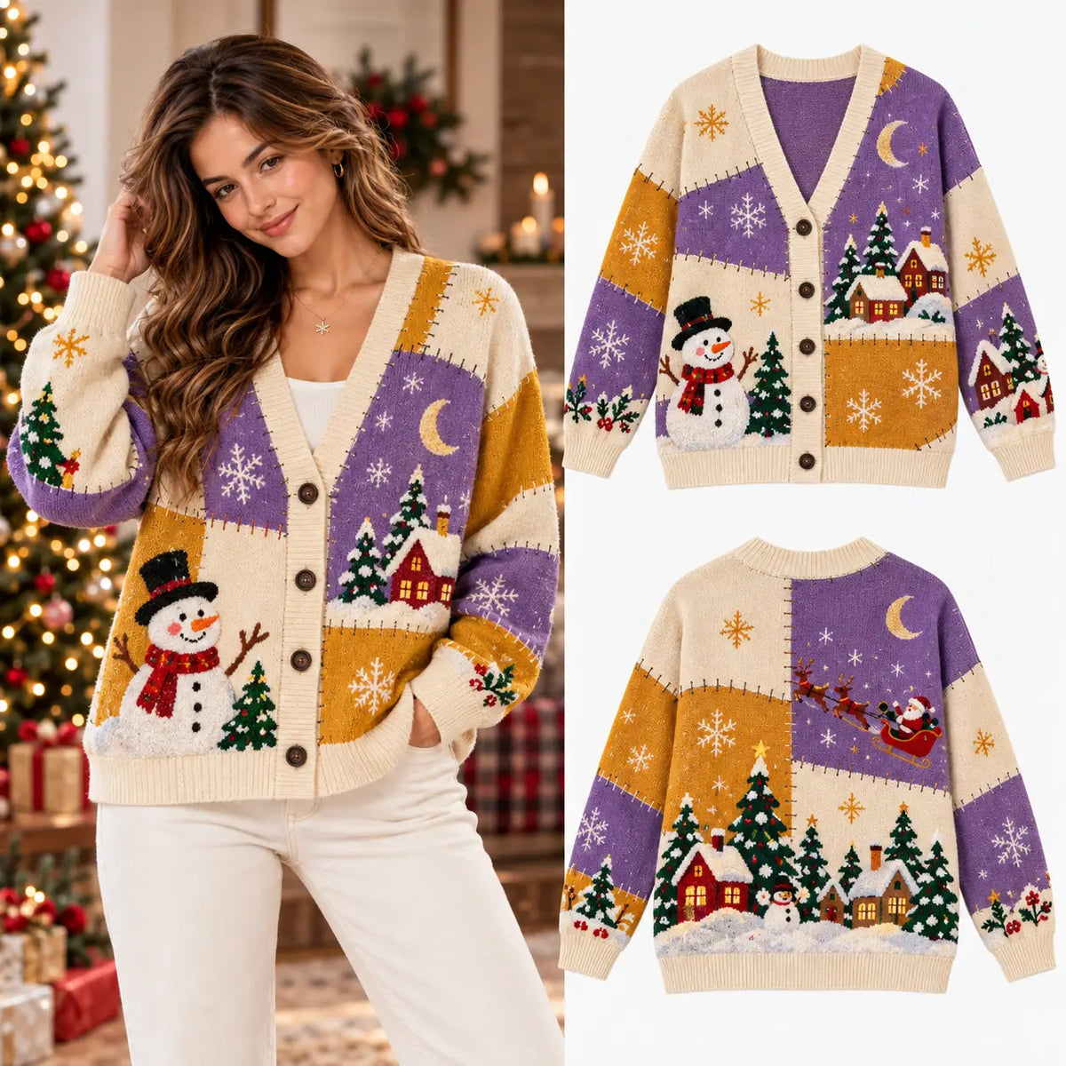 Whimsical Christmas Snowman & Santa Sleigh Patchwork Knitted Cardigan Sweater