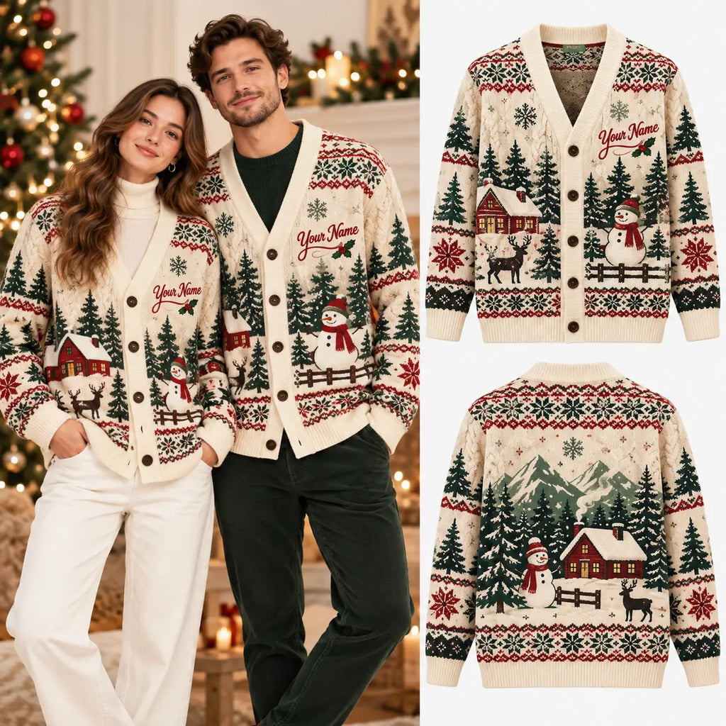 Custom Name Christmas Snowman & Reindeer Knitted Cardigan - Cream Holiday Sweater