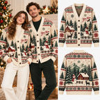 Custom Name Christmas Snowman & Reindeer Knitted Cardigan - Cream Holiday Sweater
