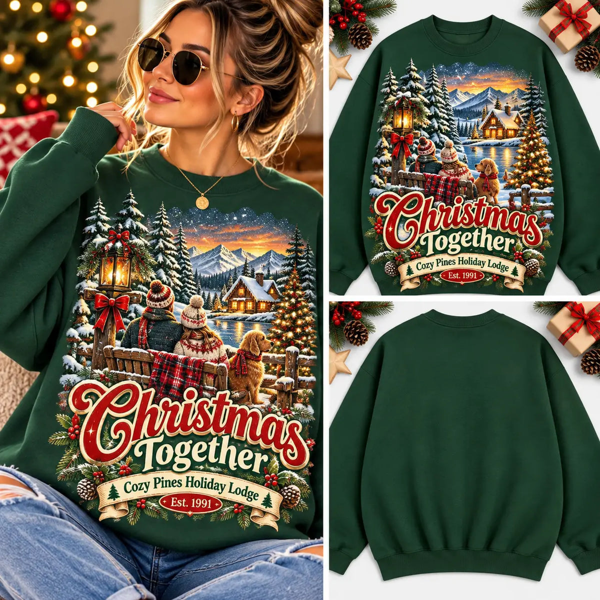 Cozy Pines Holiday Lodge Mountain Cabin Christmas Graphic Crewneck