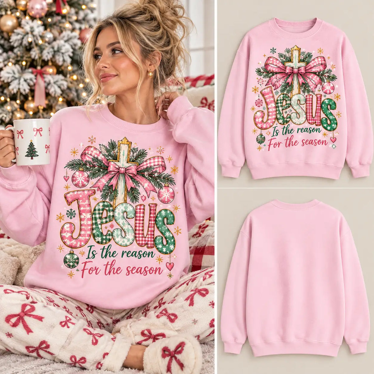 Jesus Is The Reason For The Season Pink Coquette Christmas Sweatshirt