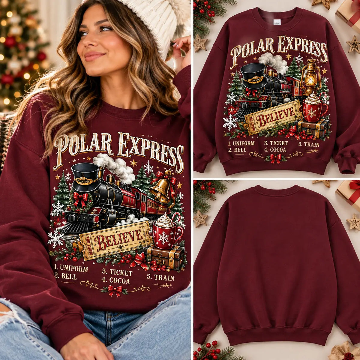 Nostalgic Polar Express Uniform Bell Ticket Cocoa Train Maroon Sweatshirt