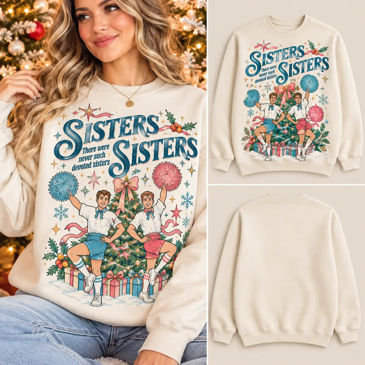 Vintage White Christmas Sisters Blue Feather Fan Graphic Sweatshirt