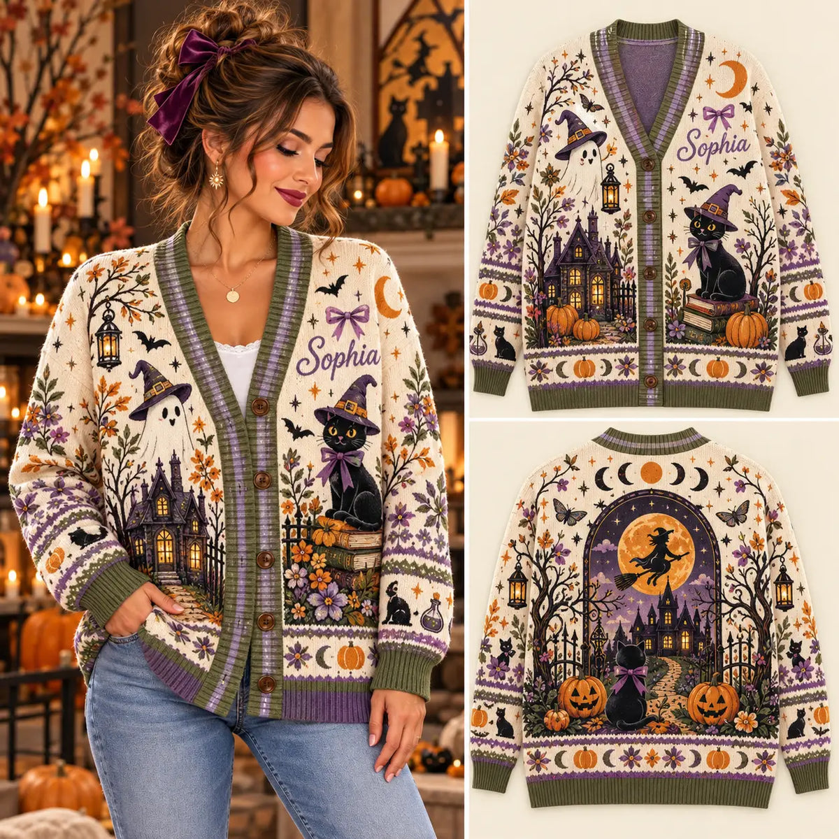 Personalized Halloween Witchy Black Cat & Ghost Knitted Cardigan Sweater