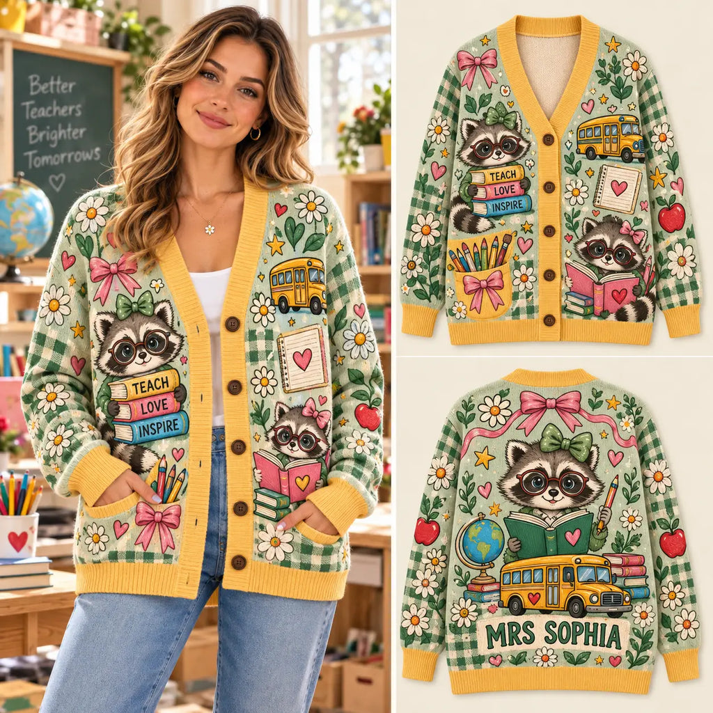 Personalized Teacher Raccoon Knitted Cardigan Sweater
