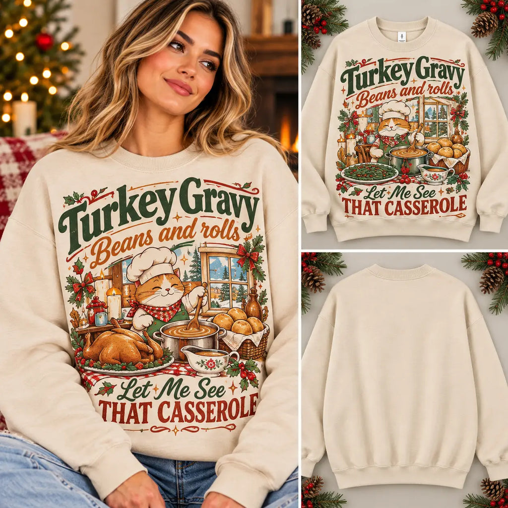 Funny Chef Cat Thanksgiving Turkey Gravy Casserole Sand Sweatshirt