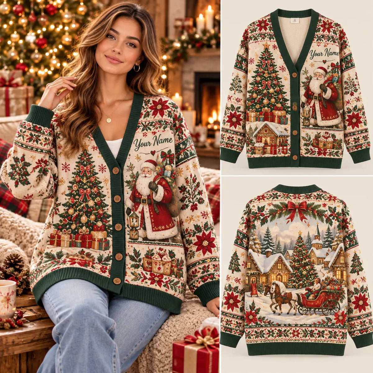 Vintage Christmas Santa Knitted Cardigan, Cozy Winter Outfit Sweater
