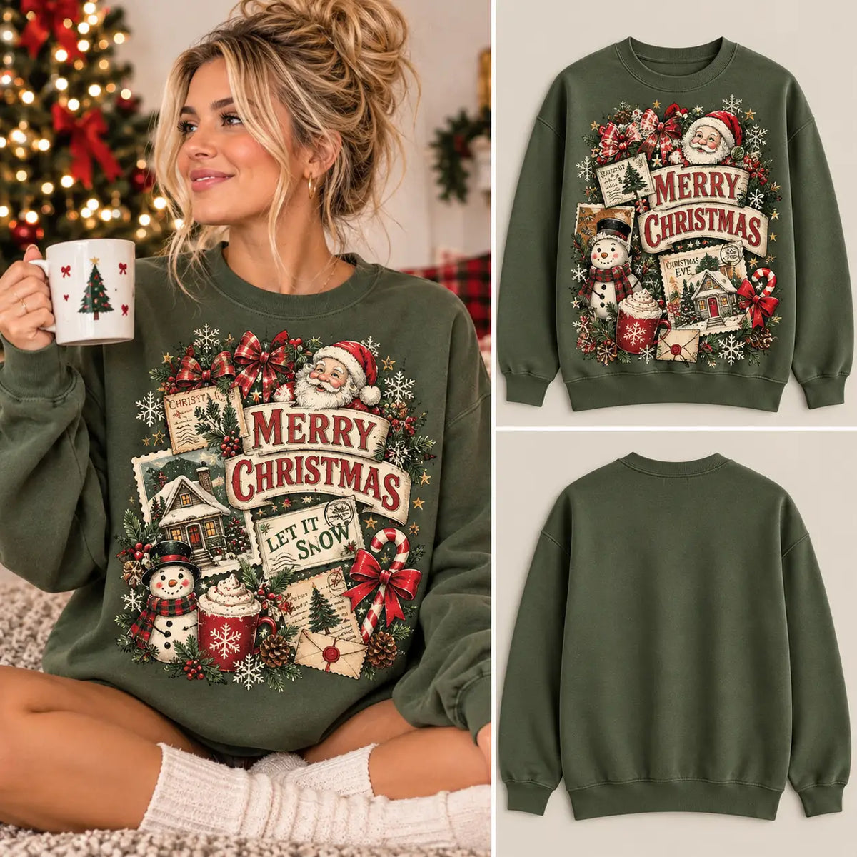 Retro Christmas Eve Postcard Santa & Snowman Graphic Sweatshirt