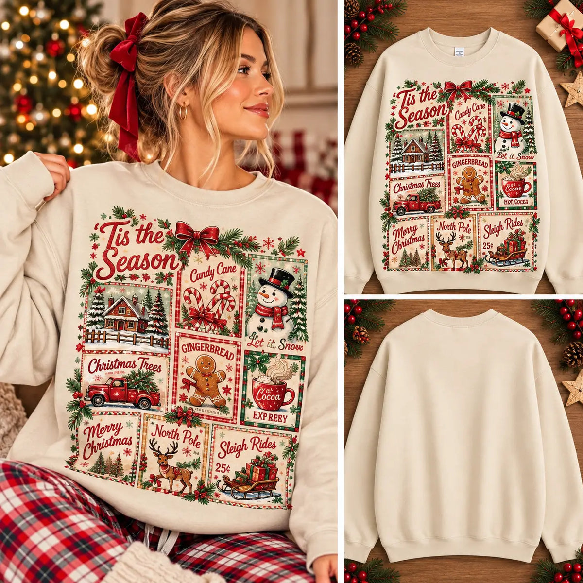 Cozy Tis The Season Vintage Christmas Grid Sand Graphic Crewneck Sweatshirt