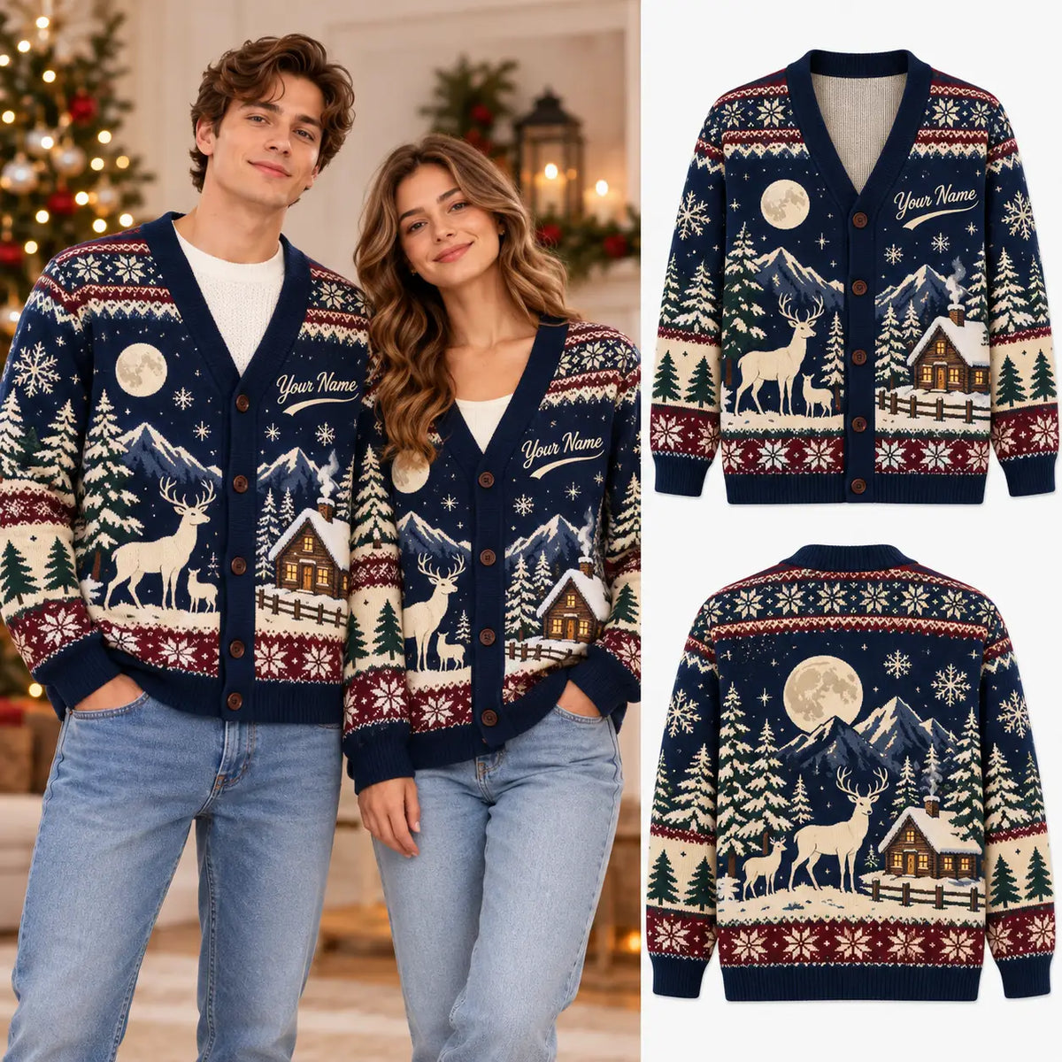 Personalized Couple Name Nordic Snowflake Christmas Knitted Cardigan, Cozy Winter Outfit Sweater