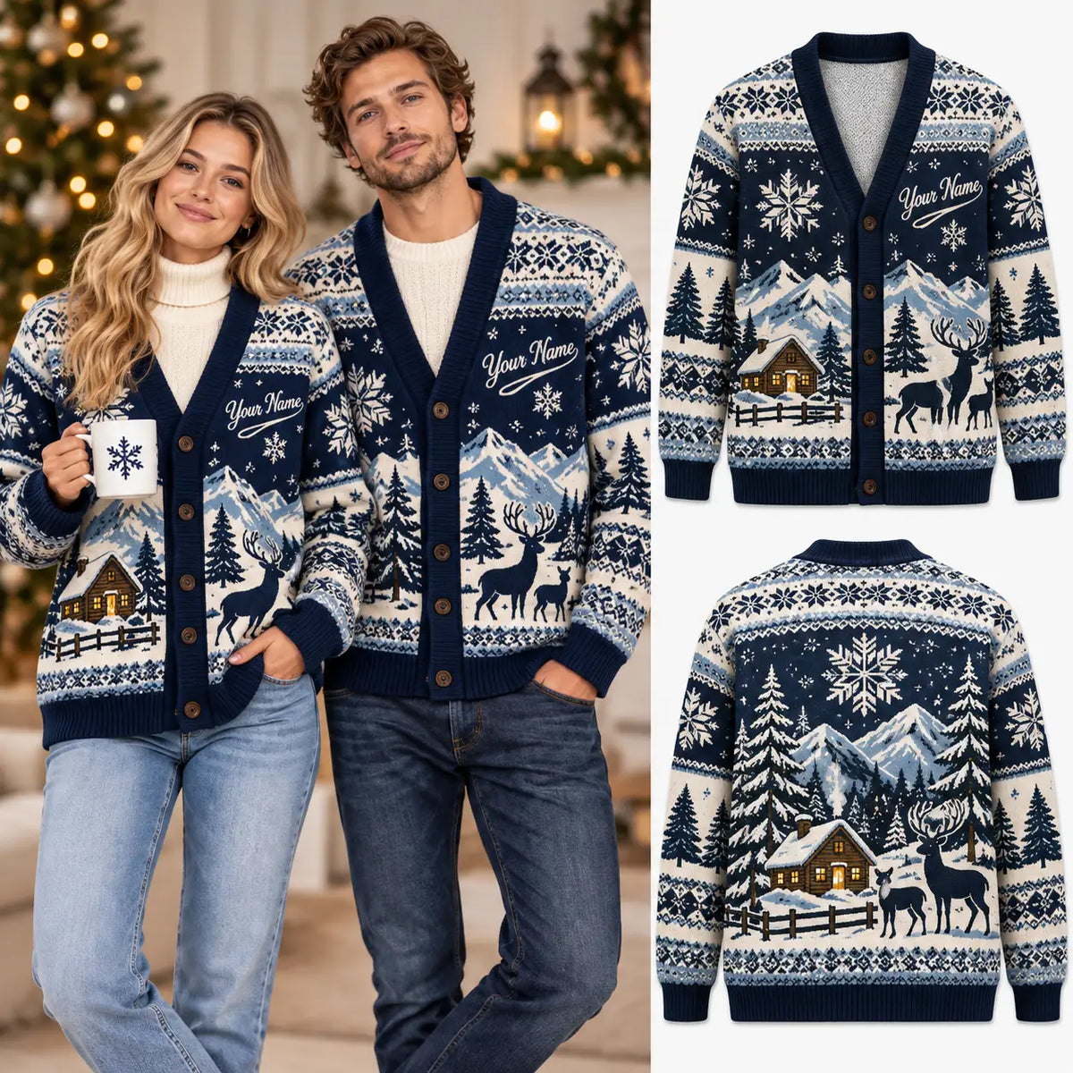 Personalized Couple Name Reindeer Christmas Knitted Cardigan, Cozy Winter Outfit Sweater