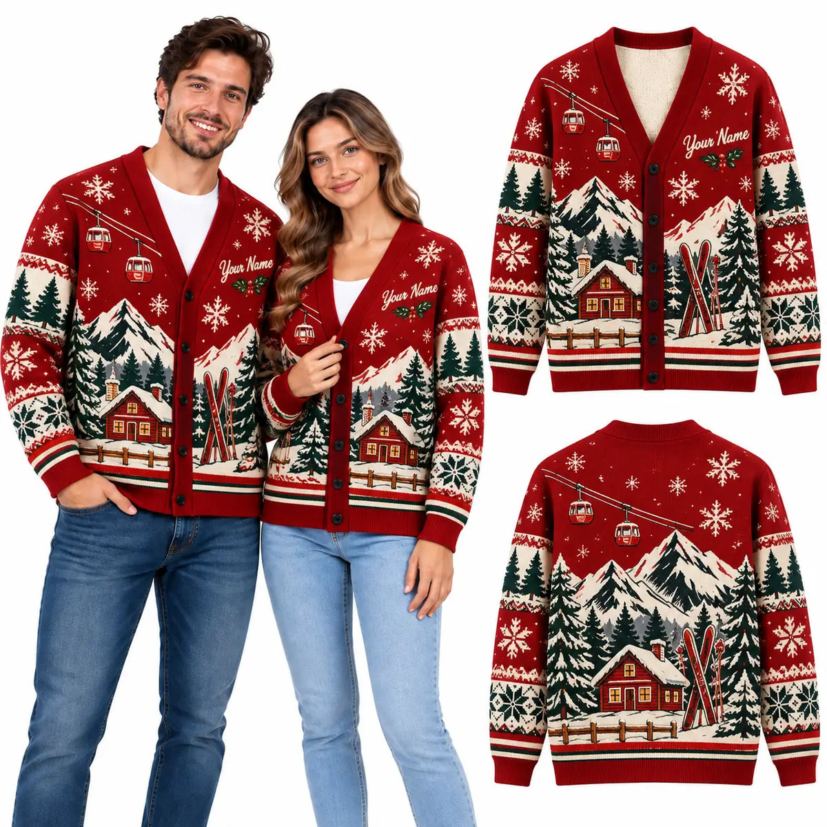 Personalized Couple Name Nordic Holiday Christmas Knitted Cardigan, Cozy Winter Outfit Sweater