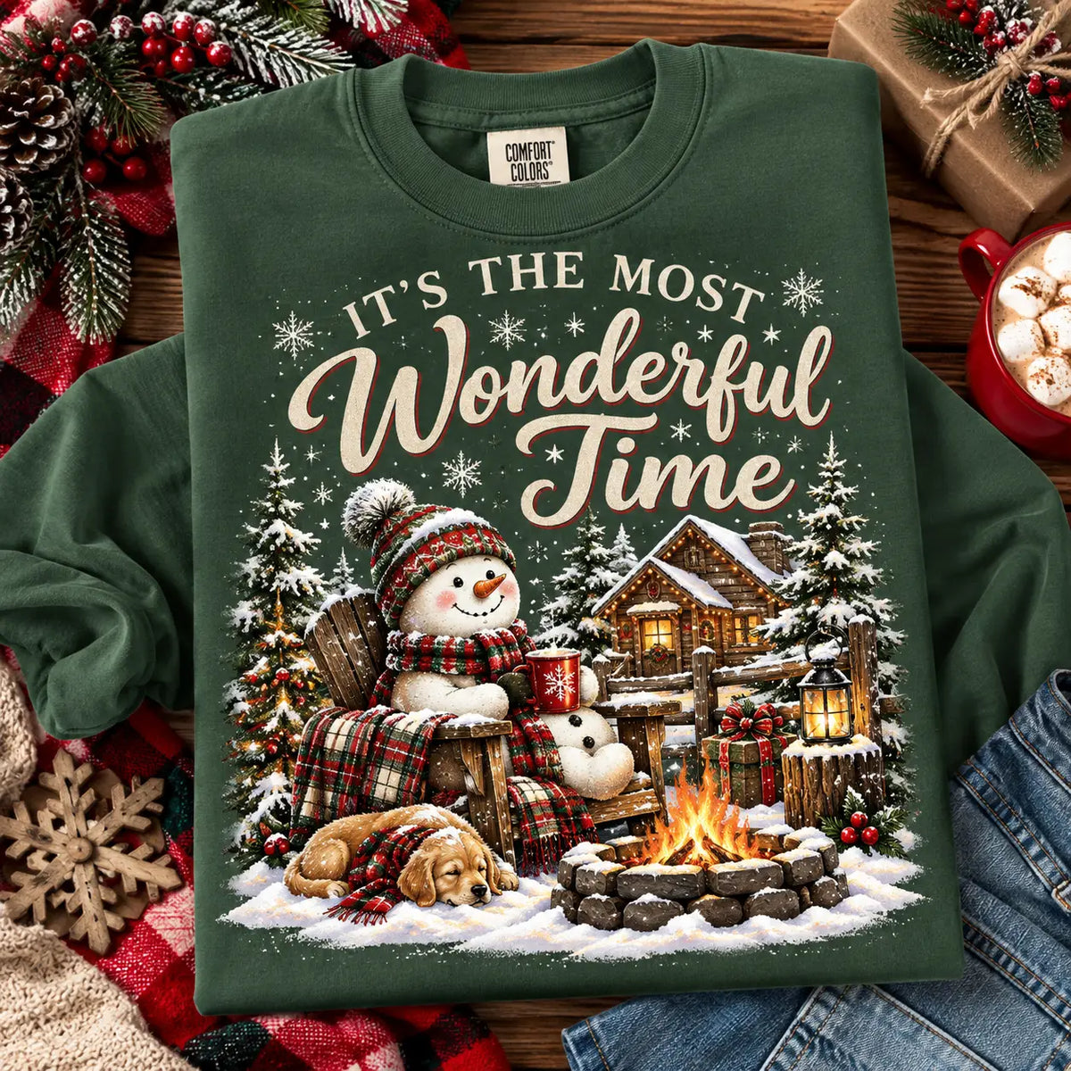 Cozy Winter Cabin Snowman & Dog Christmas Sweatshirt, Winter Sweater Outfit