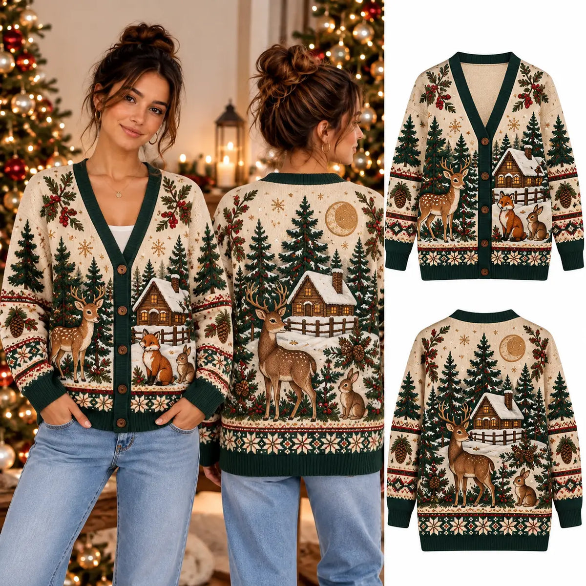Cozy Winter Woodland Christmas Knitted Cardigan, Winter Outfit Sweater