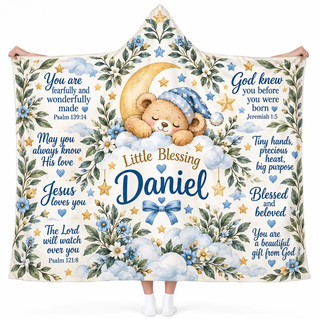 Personalized Baptism Gift for Baby Boy - Custom Name Christian Hooded Blanket with Bible Verses & Sleeping Bear