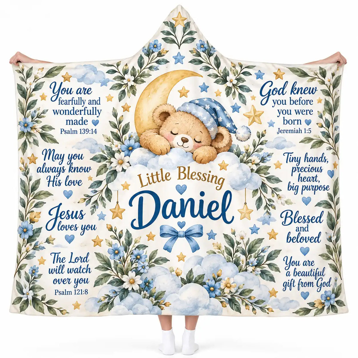 Personalized Baptism Gift for Baby Boy - Custom Name Christian Hooded Blanket with Bible Verses & Sleeping Bear