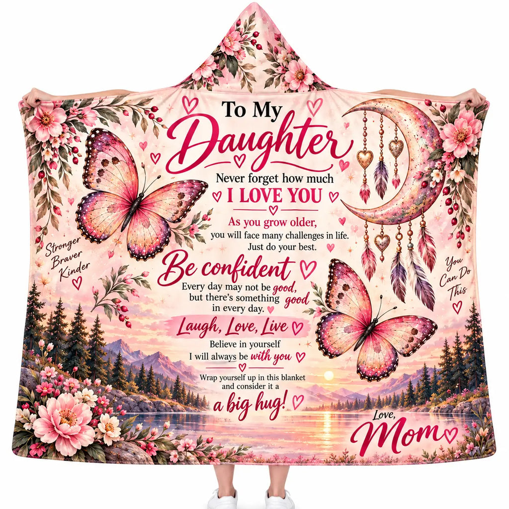 Personalized To My Daughter Hooded Blanket, Pink Butterfly Moon Gift from Mom