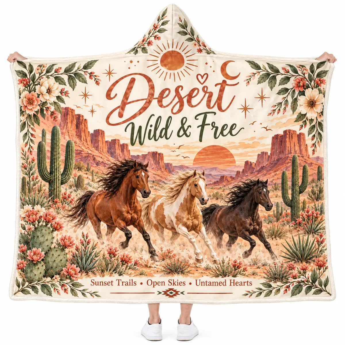 Desert Wild and Free Hooded Blanket, Western Horse Cactus Sunset Gift for Women