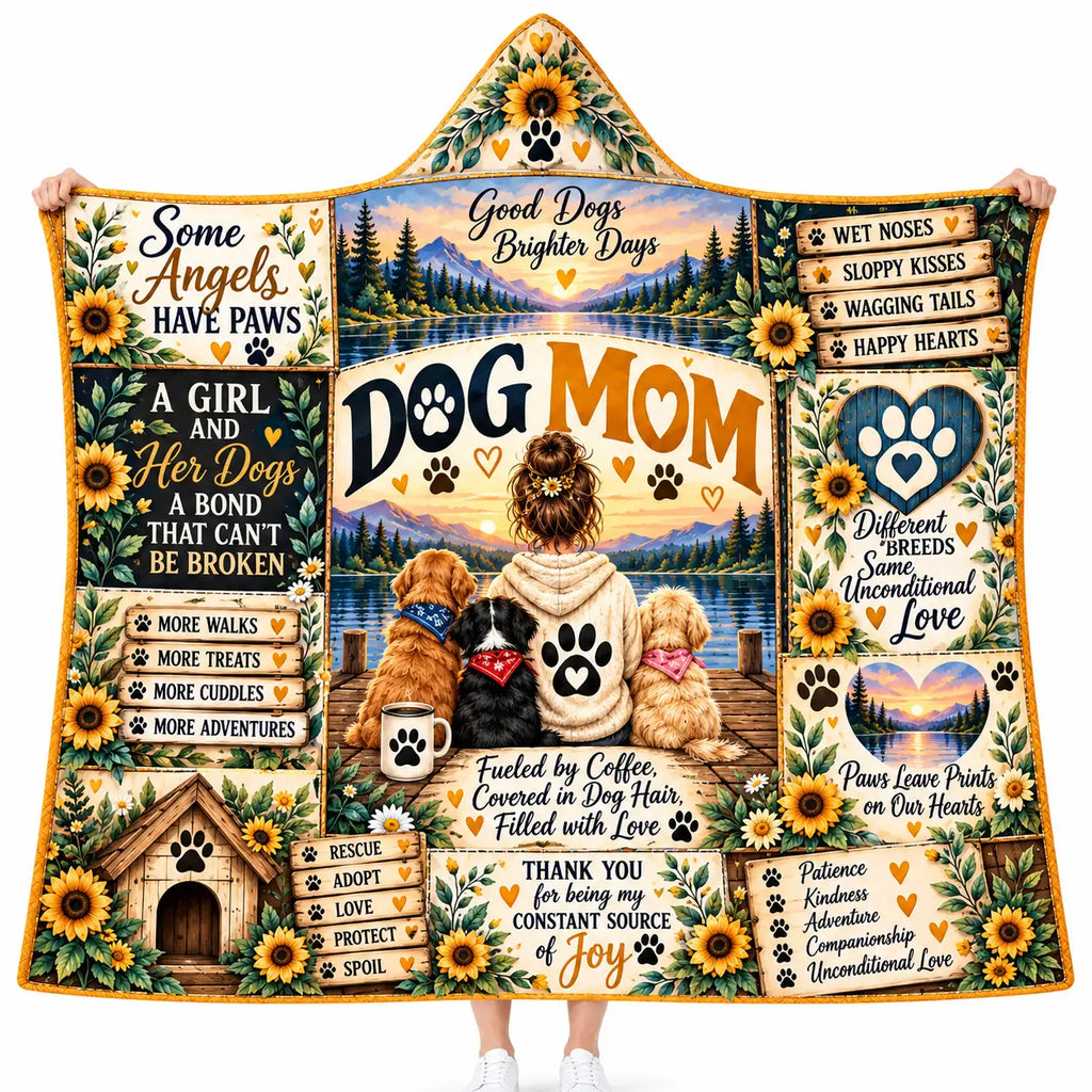 Dog Mom Hooded Blanket, Sunflower Dog Lover Patchwork Sunset Gift for Women