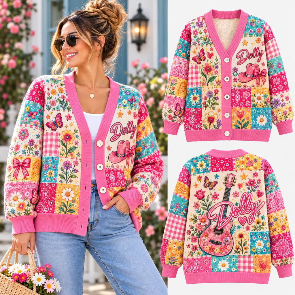 Dolly Country Western Cowgirl Pink Guitar, Cowboy Hat & Butterfly Floral Patchwork Knitted Cardigan Sweater