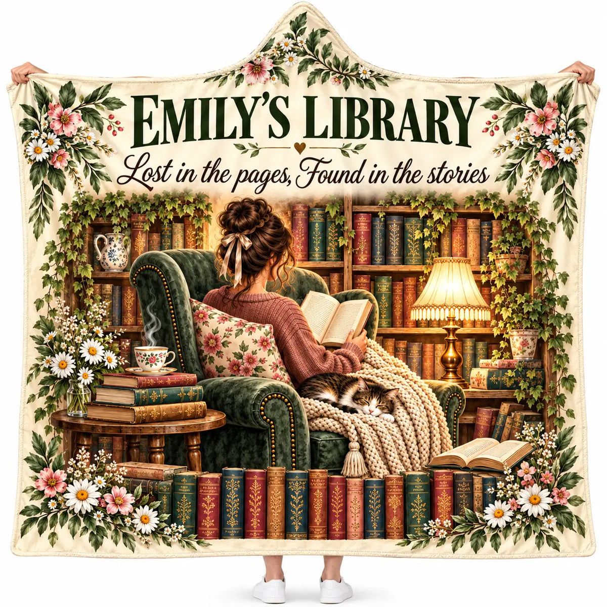 Personalized Library Hooded Blanket, Cozy Book Lover Armchair Bookish Gift Women