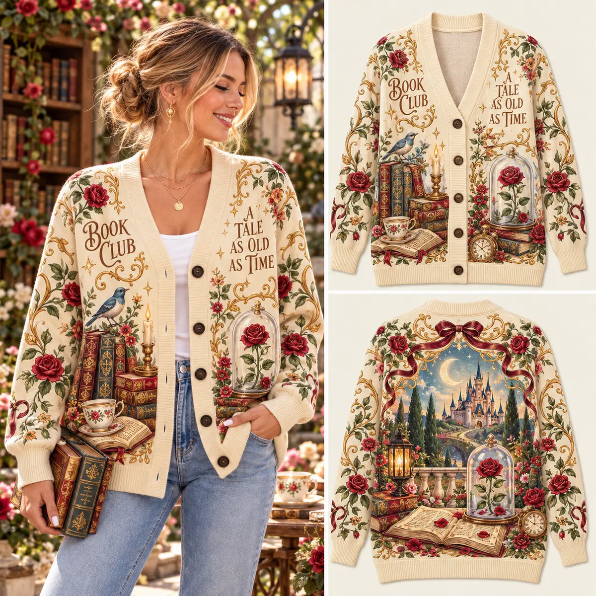 Book Club & A Tale As Old As Time Enchanted Rose Knitted Cardigan