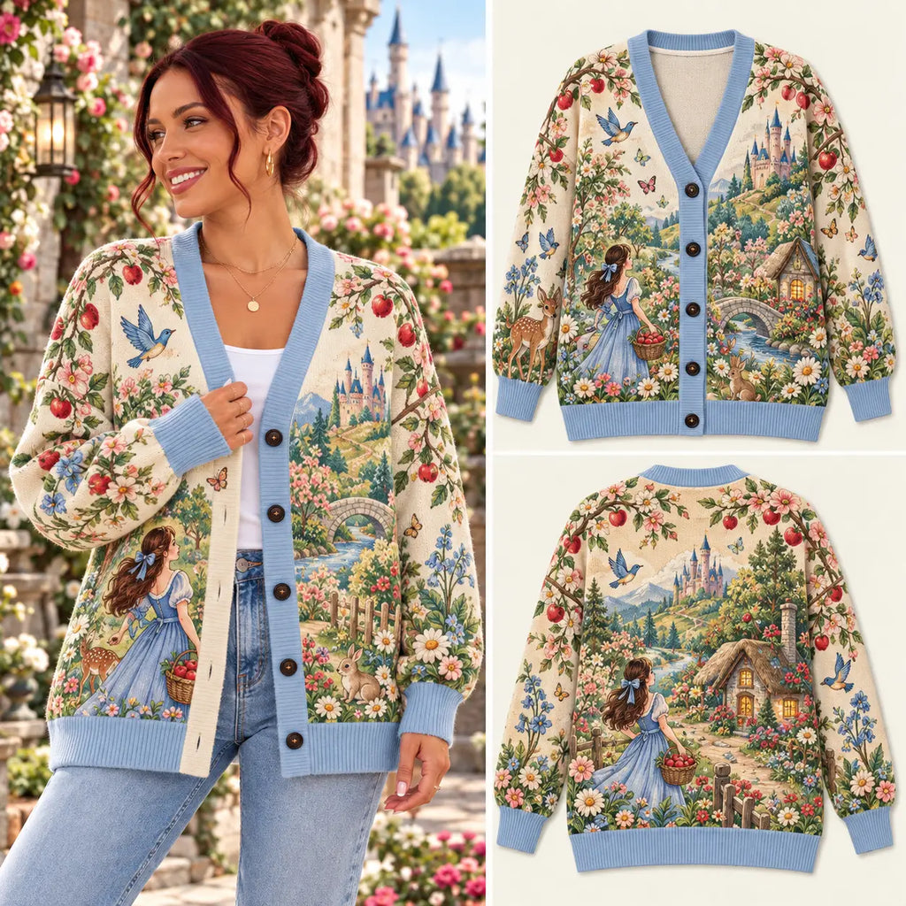 Fairytale Snow White Princess, Apple Orchard & Cozy Cottage Knitted Cardigan Sweater