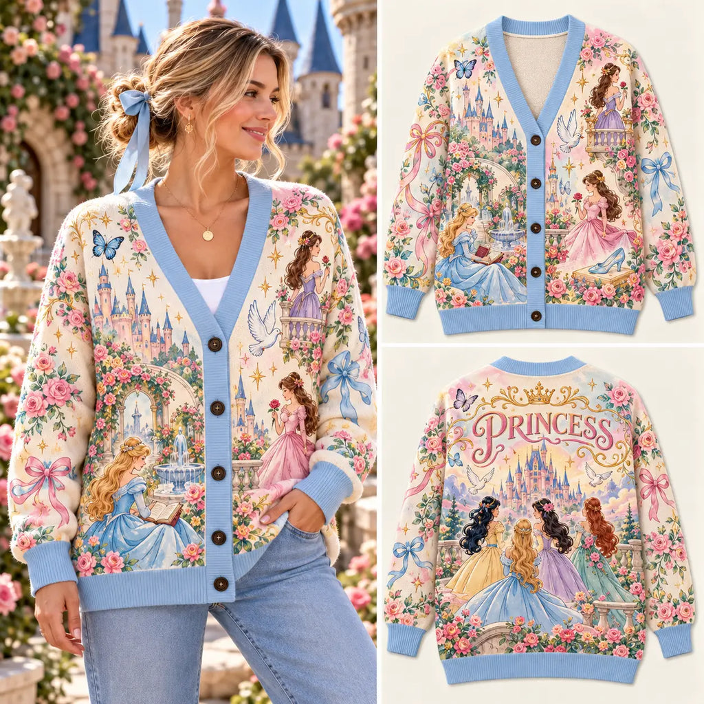 Coquette Fairytale Princess & Floral Castle Knitted Cardigan - Sky Blue Sweater