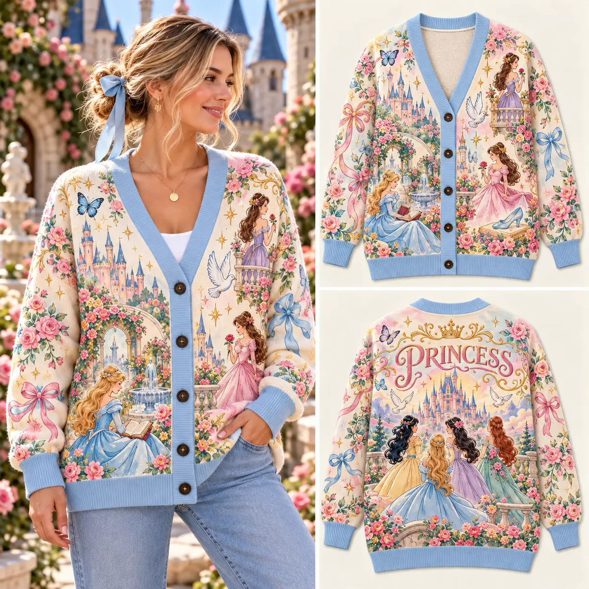 Coquette Fairytale Princess & Floral Castle Knitted Cardigan - Sky Blue Sweater