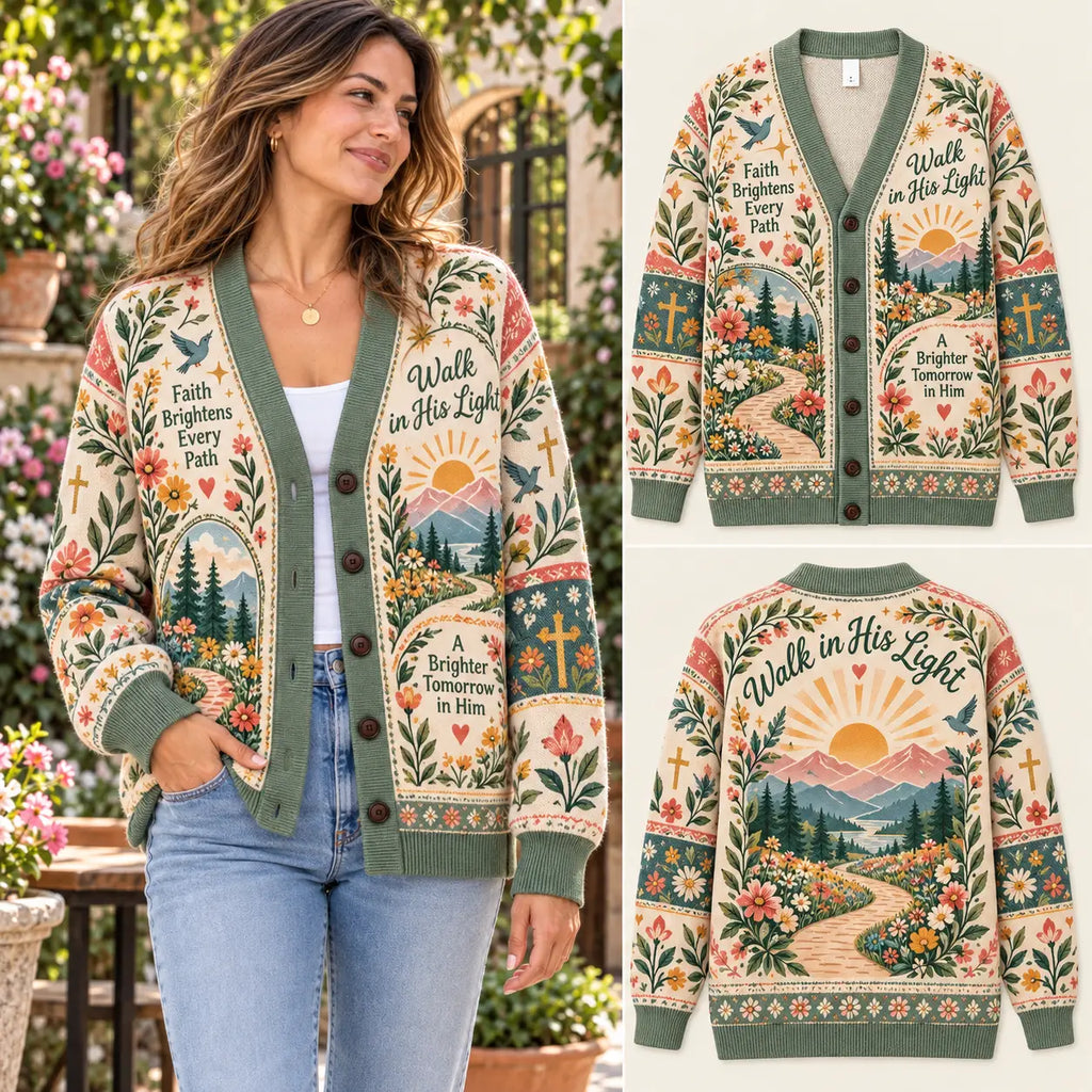 Walk in His Light Christian Faith, Cross & Mountain Sunrise Knitted Cardigan Sweater