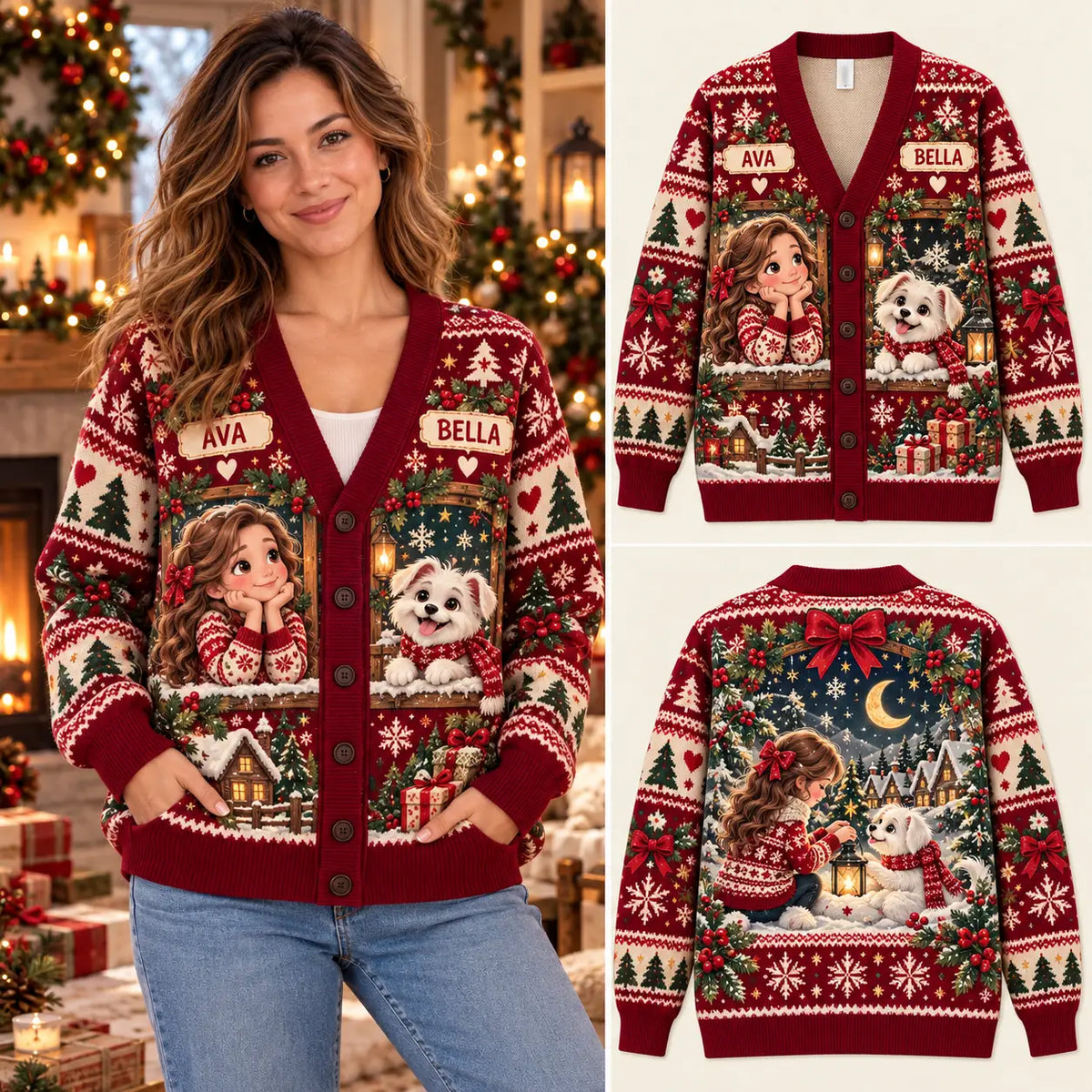 Personalized Christmas Girl & Pet Dog Knitted Cardigan Sweater