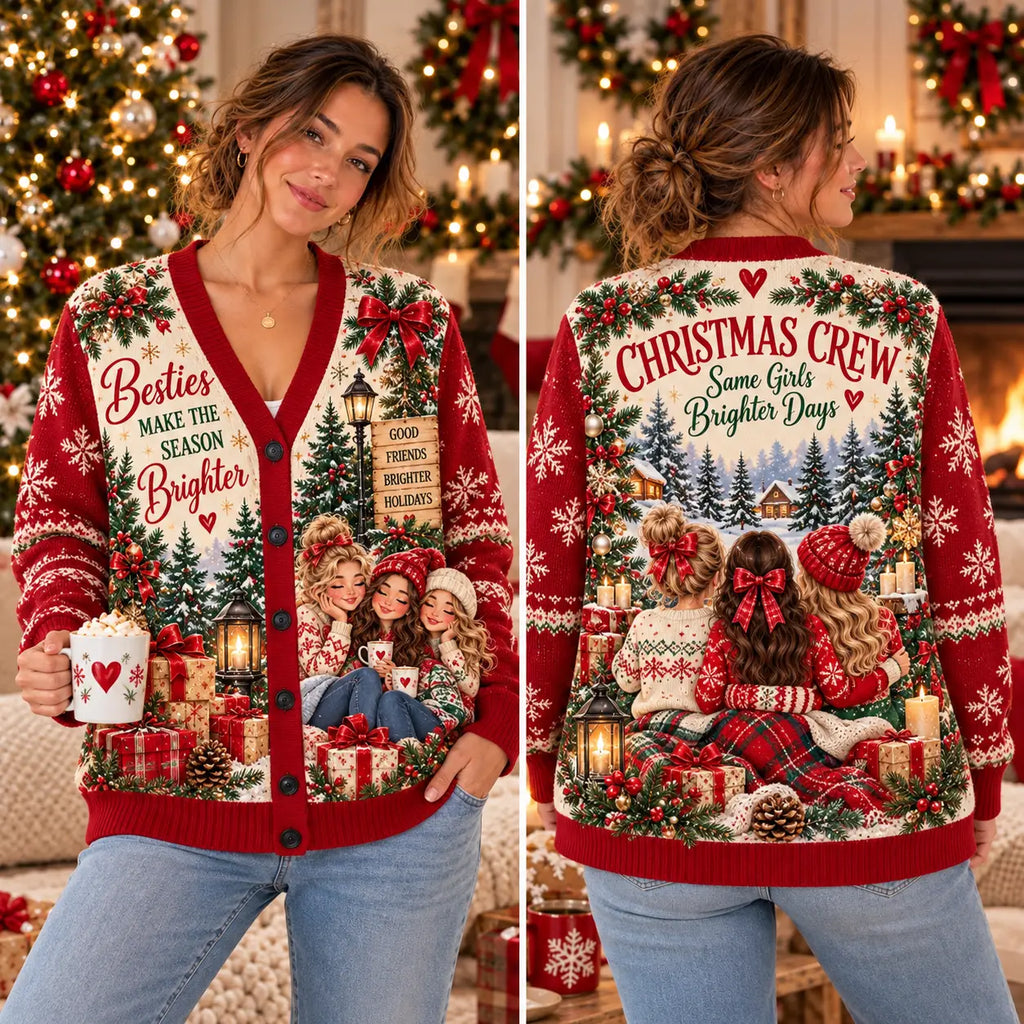 Festive "Christmas Crew" Besties Knitted Cardigan - Holiday Friends Knitwear