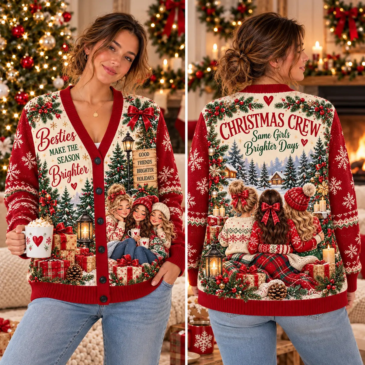 Festive "Christmas Crew" Besties Knitted Cardigan - Holiday Friends Knitwear