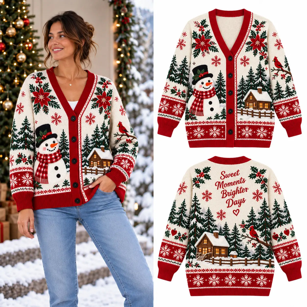 Festive Winter Snowflake Christmas Knitted Cardigan, Cozy Winter Outfit Sweater