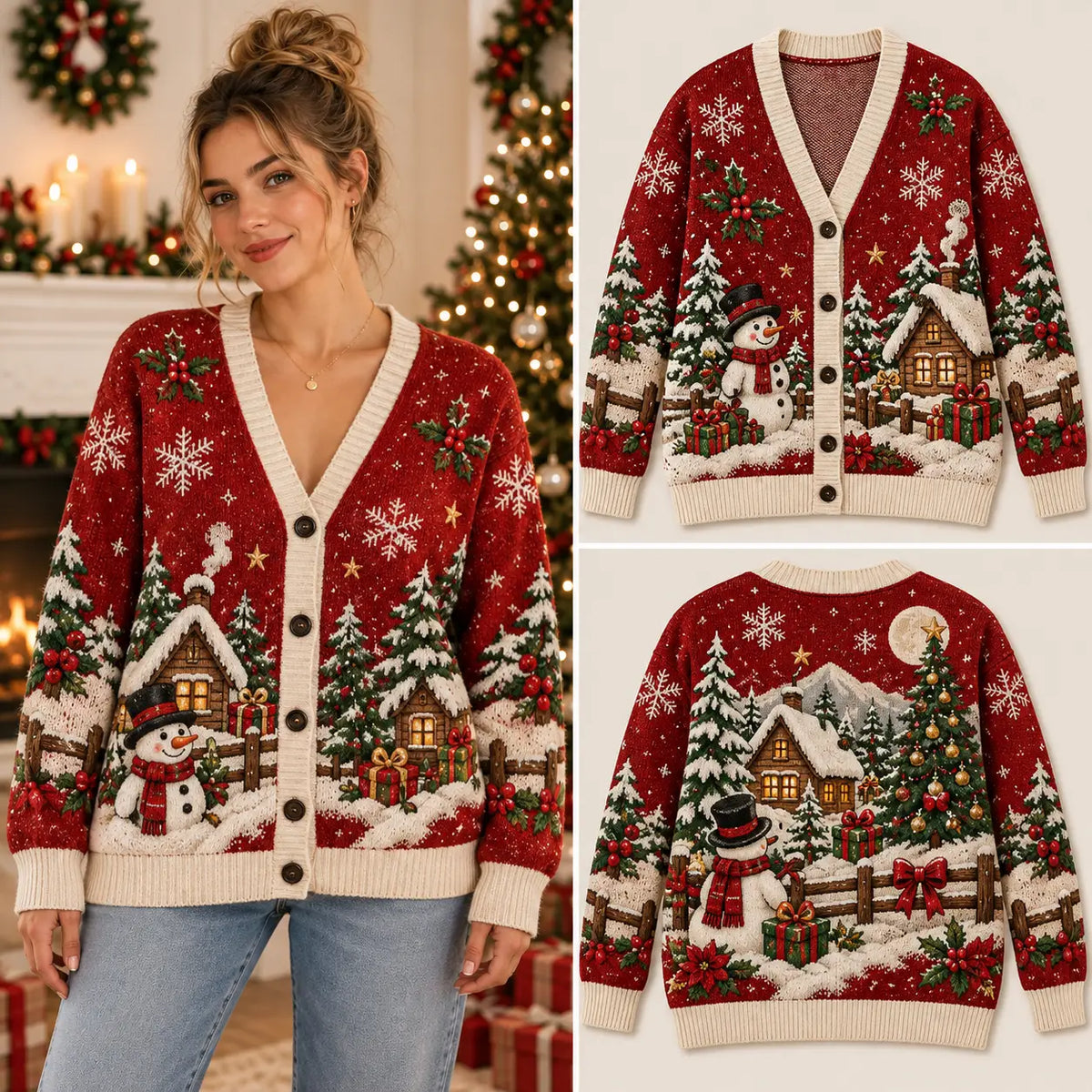 Cozy Festive Snowman Christmas Knitted Cardigan, Winter Outfit Sweater