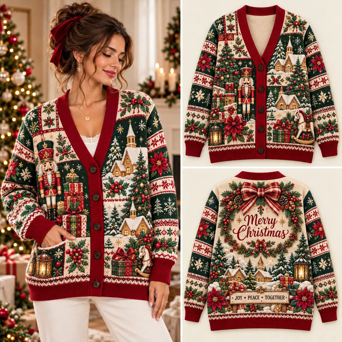 Vintage "Merry Christmas" Nutcracker & Rocking Horse Knitted Cardigan Sweater