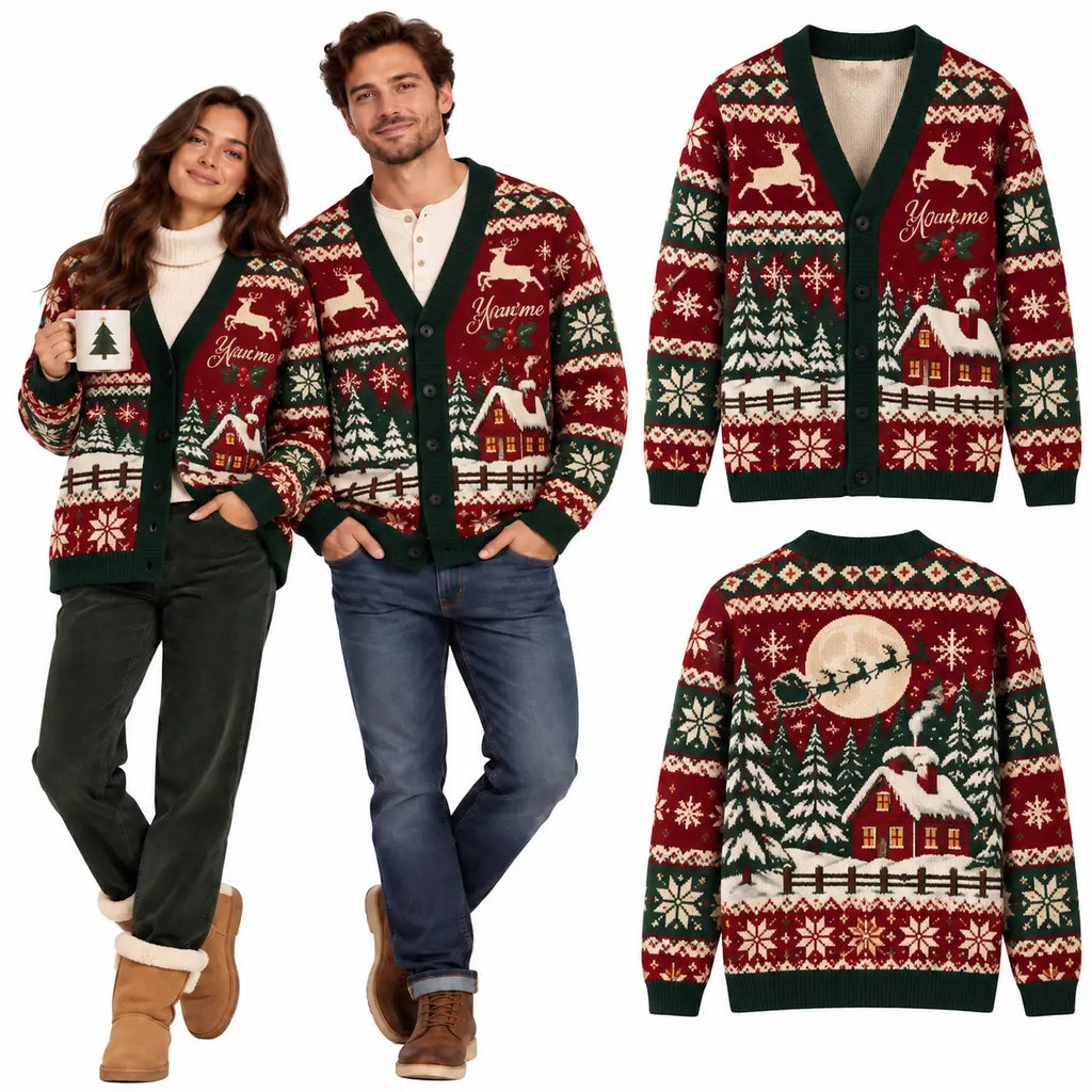 Personalized Couple Name Festive Santa House Christmas Knitted Cardigan, Cozy Winter Outfit Sweater