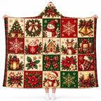 Cozy Christmas Quilt Pattern Hooded Blanket - Vintage Holiday Season Wearable Throw Blanket for Adults & Kids