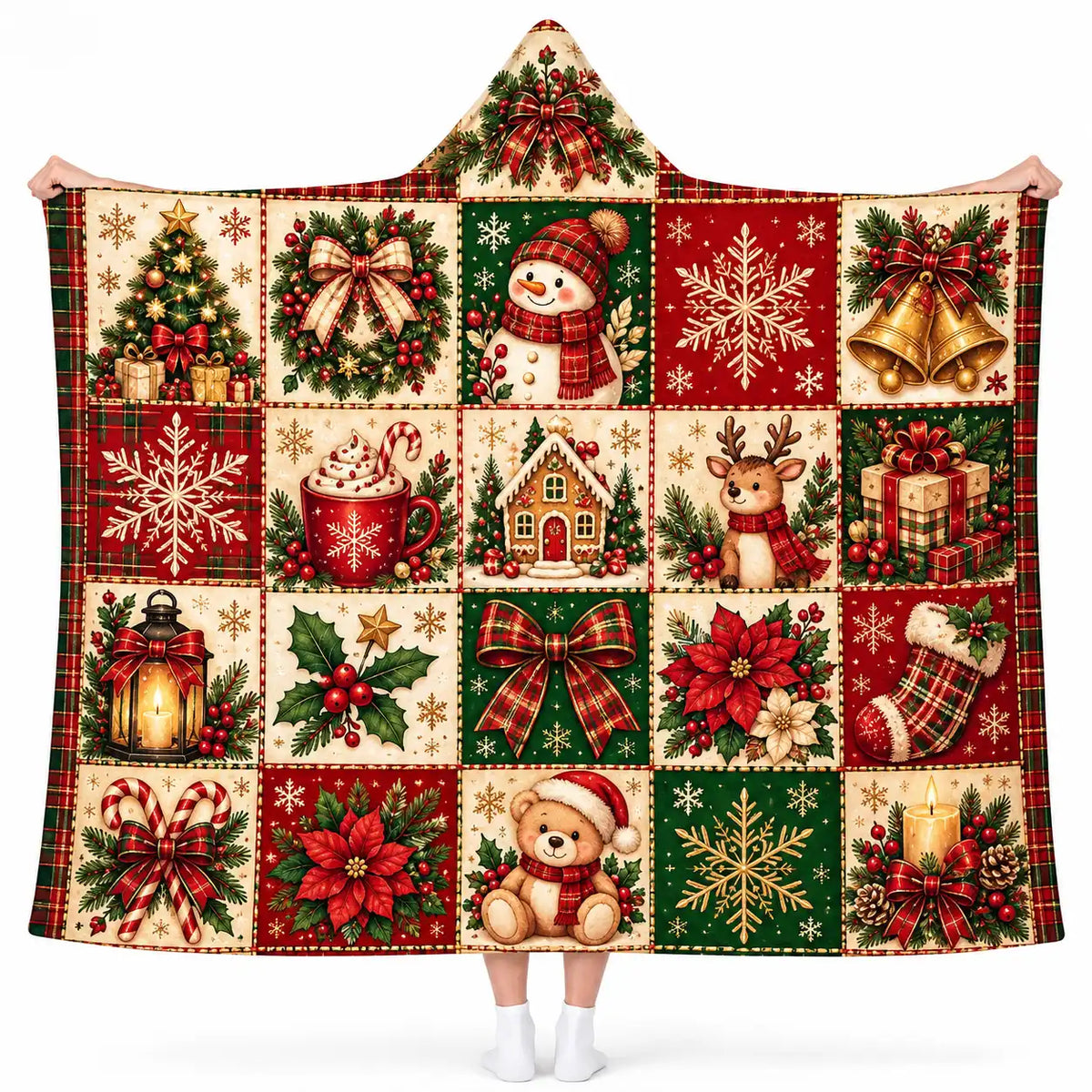 Cozy Christmas Quilt Pattern Hooded Blanket - Vintage Holiday Season Wearable Throw Blanket for Adults & Kids