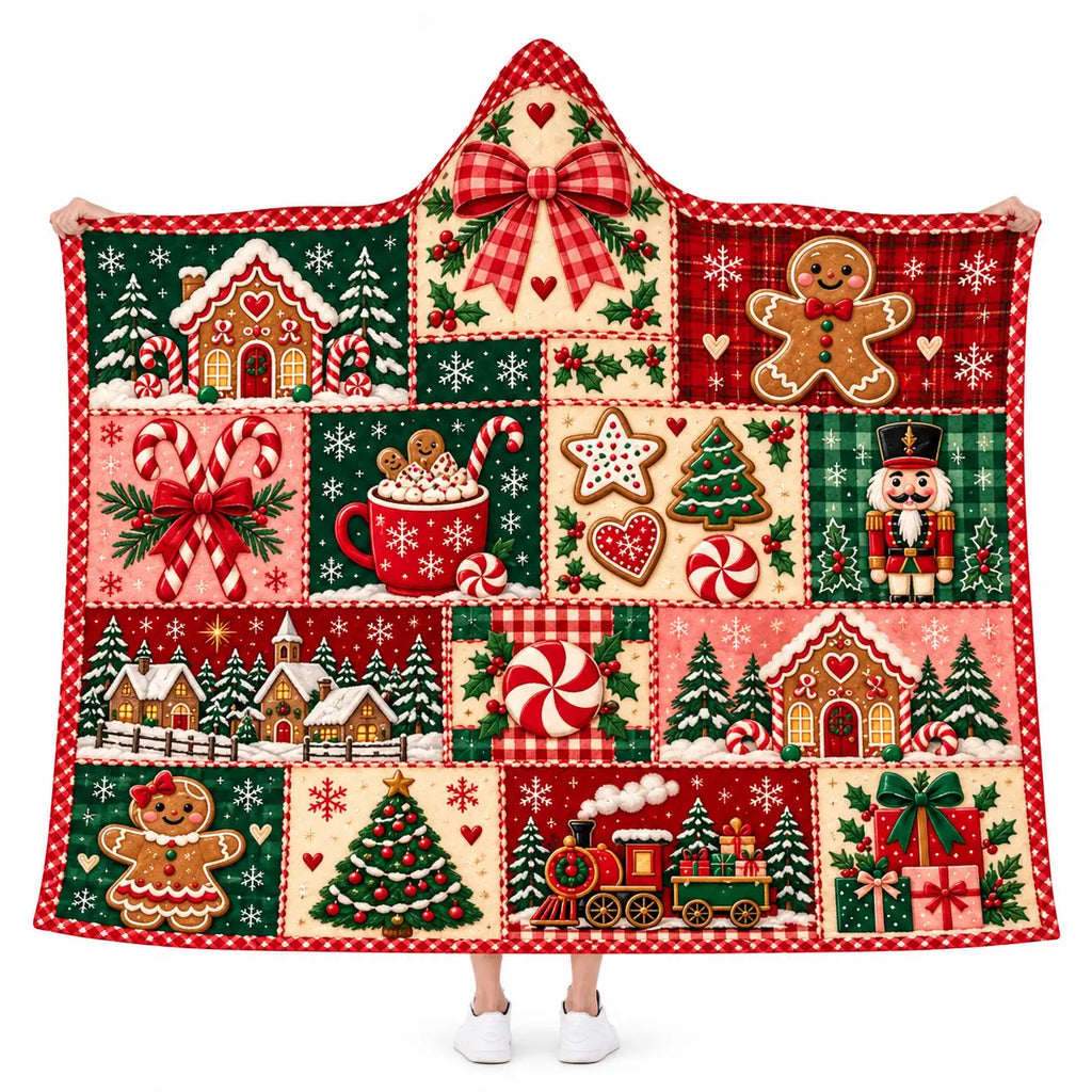 Gingerbread Christmas Patchwork Hooded Blanket, Cozy Holiday Gift