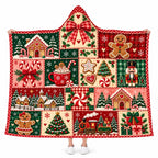 Gingerbread Christmas Patchwork Hooded Blanket, Cozy Holiday Gift