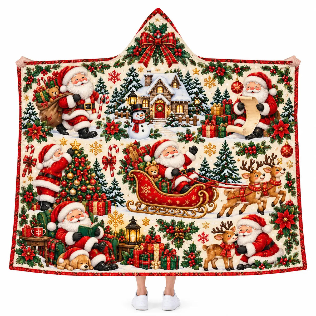 Vintage Santa Christmas Hooded Blanket, Cozy Festive Wearable Throw Gift