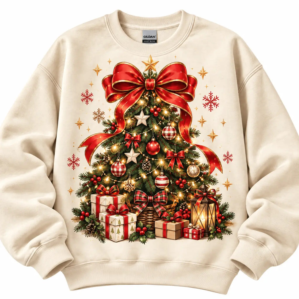 Festive Christmas Tree Sweatshirt – Red Bow & Present Boxes Christmas Crewneck