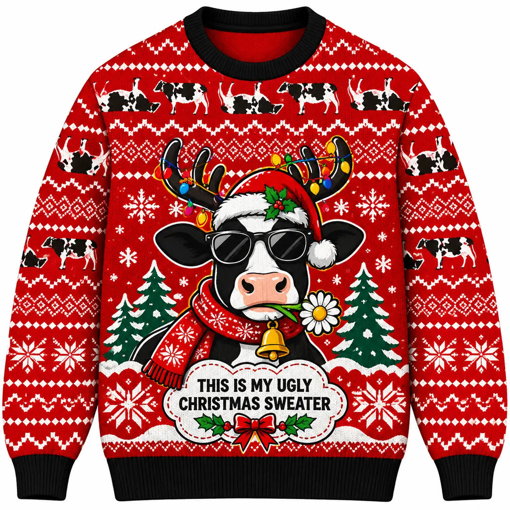 Funny Cow Ugly Christmas Sweater Reindeer Antlers Xmas Red Graphic Sweatshirt