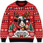 Funny Cow Ugly Christmas Sweater Reindeer Antlers Xmas Red Graphic Sweatshirt