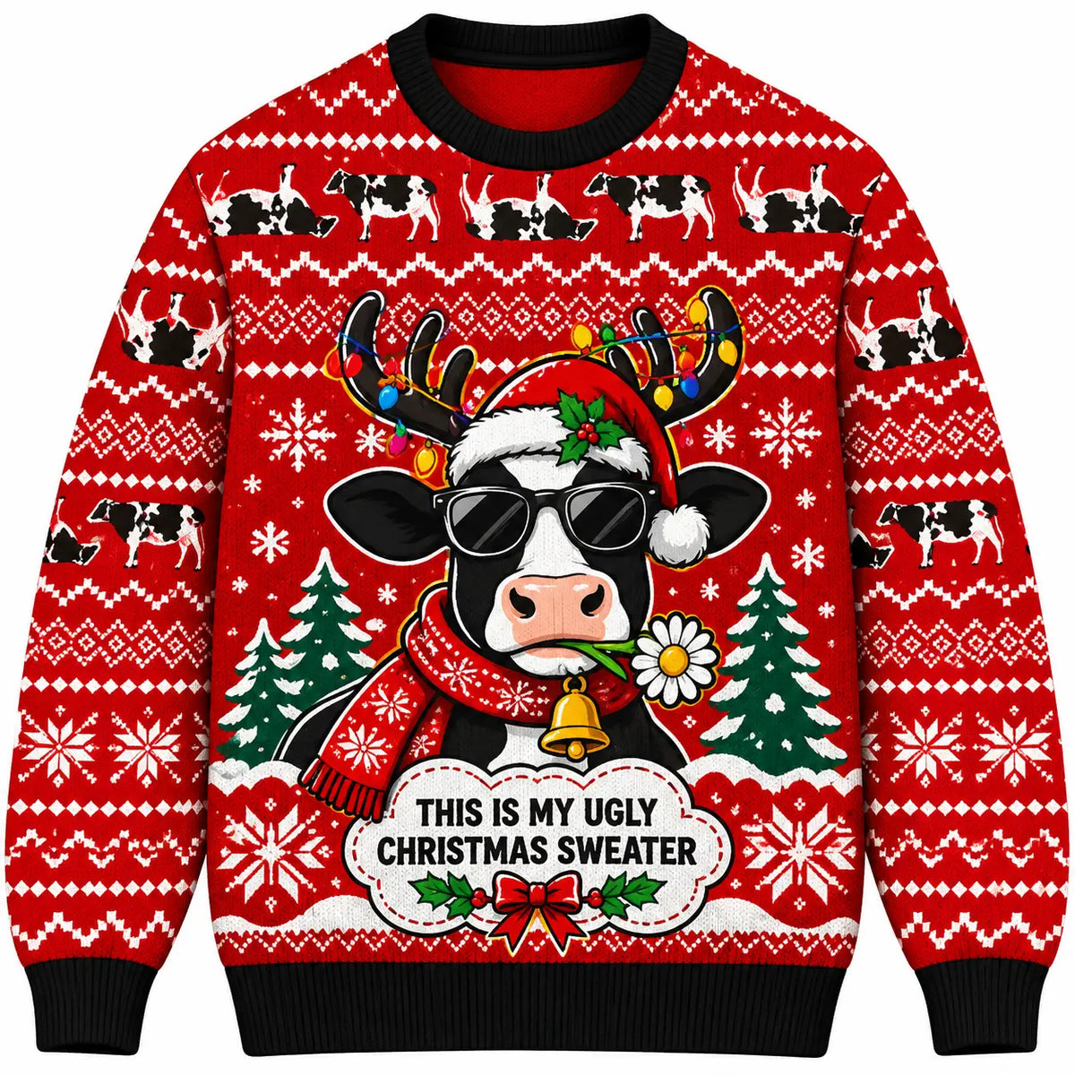 Funny Cow Ugly Christmas Sweater Reindeer Antlers Xmas Red Graphic Sweatshirt